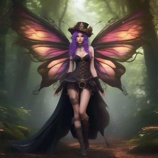 Prompt: ((Epic)). ((Cinematic)). Shes a colorful, Steam Punk, gothic, witch.  ((distinct)) Winged fairy, with a skimpy, ((colorful)), gossamer, flowing outfit, standing in a forest by a village. ((Wide angle)),  Detailed Illustration. 4k, 8k.  Full body in shot. Hyper real painting. Photo real. A ((beautiful)), very shapely woman with ((anatomically real hands)), and ((vivid)) colorful, ((bright)) eyes. A ((distinct))  Halloween night. ((Concept art.)) 