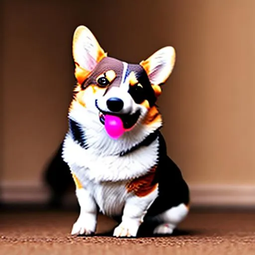 Prompt: Corgi wearing a tuxedo running at camera on all fours carrying rose in mouth, clear still shot full body 