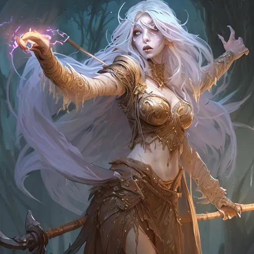 Prompt: Full body splash art of a cute female undead sorceress casting a spell, very long honey-colored hair with a fringe, wearing long light-colored iridescent pastel robes, carrying a wooden staff, heroic, D&D, fantasy, intricate, highly detailed, sharp focus, digital painting, oil painting, master piece, artstation, concept art, 4k, 8k