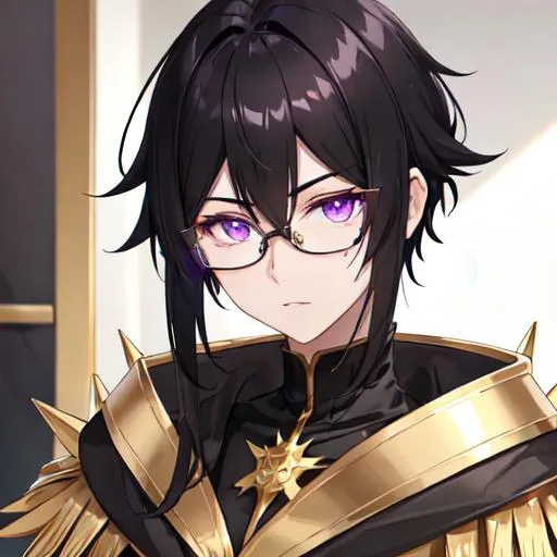 Prompt: Male (short spiky black hair with long white fringes) (Purple eyes) (gold framed eyeglasses with a gold color), UHD, 8K, highly detailed, insane detail