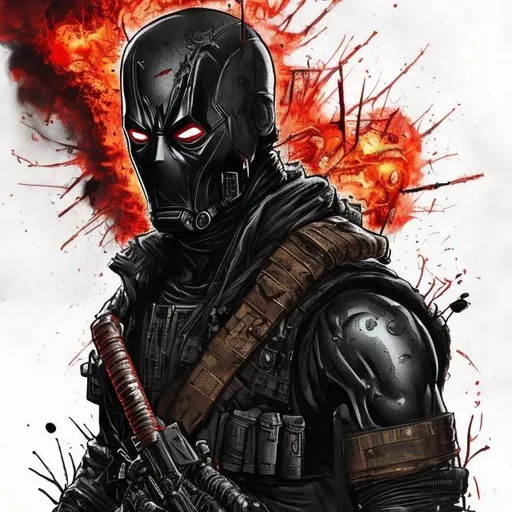 Prompt: Redesigned dark gritty, mostly black with dark red military commando-trained villain deadpool and ironman fusion. Bloody. Hurt. Damaged mask. Accurate. realistic. evil eyes. Slow exposure. Detailed. Dirty. Dark and gritty. Post-apocalyptic Neo Tokyo with fire and smoke .Futuristic. Shadows. Sinister. Armed. Fanatic. Intense. 