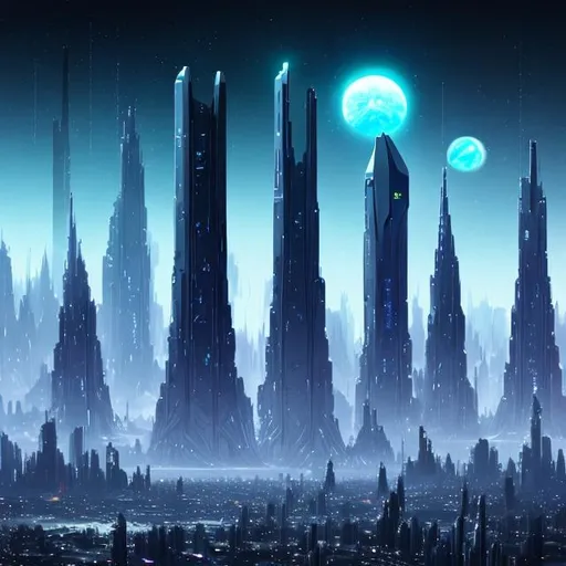 Prompt: Futuristic Tall black towers on deep dark ocean dark sky spaceships night lights hover ships dark tall city lots and lots of small floating ships hovering above clouds big planet with rings closeby spaceships hovering super tall mega skyscraper