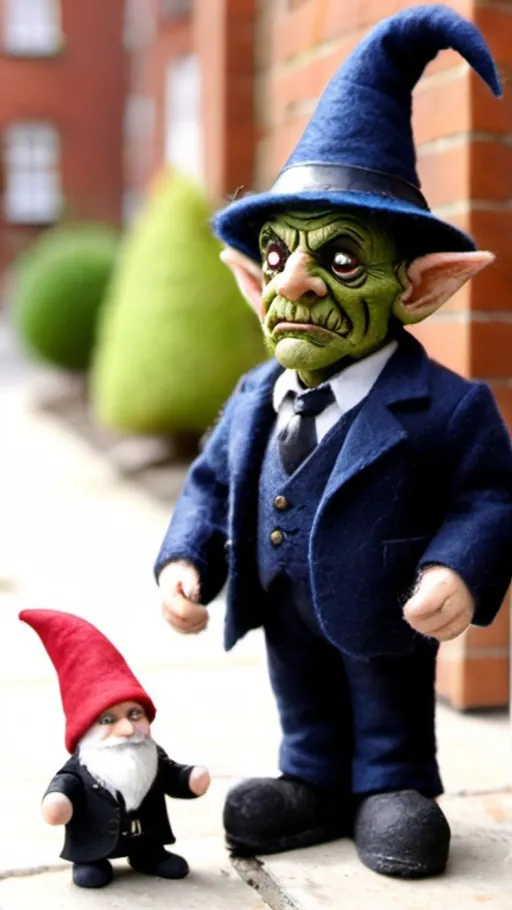 Prompt: A cockney gangster goblin extorting a garden gnome in Albert Square.