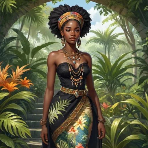 Prompt: Full body, Fantasy illustration of a black female noble woman, 21 years old, beautiful, black skin, elegant hairstyle, colorfull and elegant african-style garment, delicate jewellery, embarrassed expression, high quality, rpg-fantasy, detailed, in a tropical garden