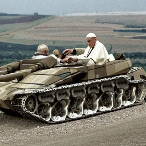 Prompt: the pope driving a tank over an old man 