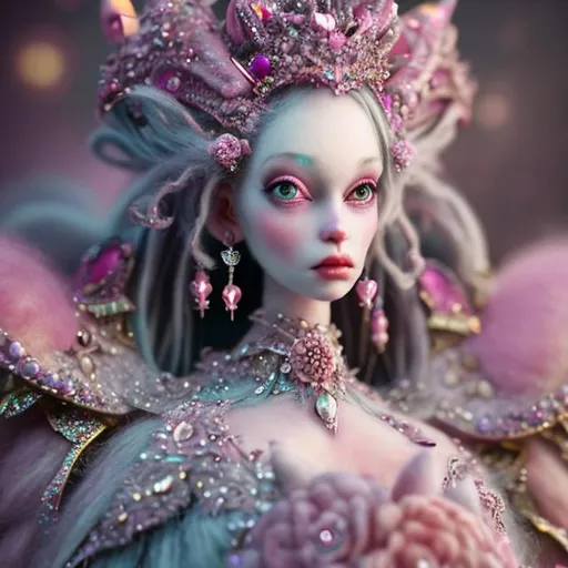 Prompt: needle-felted queen, pink, gems, sparkling, intricate details, insane details, volumetric lighting
