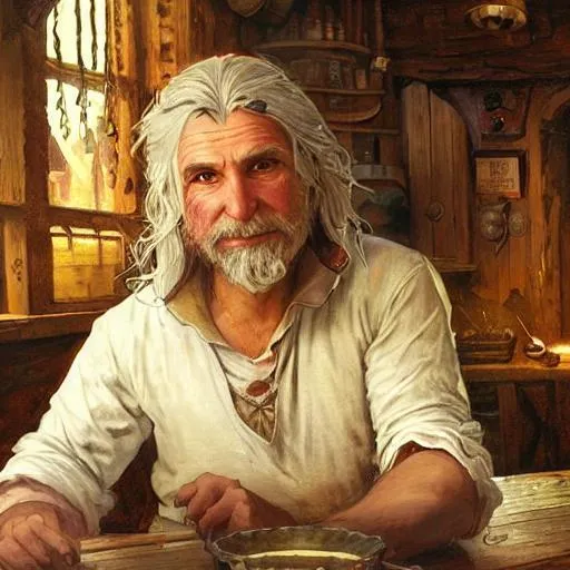 Prompt: portrait of a cute funny adventurer sitting at a table in a tavern and drinking beer, fantasy world. Epic portrait by james gurney and Alfonso mucha (witcher 3, dnd, dragon age).