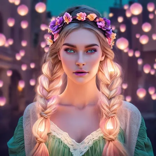 Prompt: professional modeling photo live action human woman hd hyper realistic beautiful German woman long blonde braided hair with flower crown fair skin green eyes beautiful face pink and purple dress and flowers enchanting tower at night hd background with live action realistic lanterns