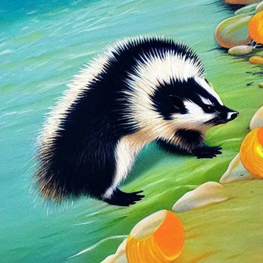 Prompt:  skunk, badger, hedgehog, feeling, cool, beach, vibe, sand, sunny, breeze, relax, very detailed, concept art, realistic, masterpiece, sharp, rule of thirds ,
combination of orange-blue color scheme