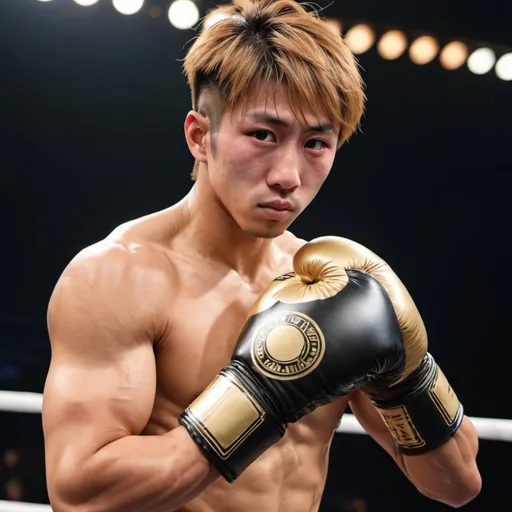 Prompt: Imagine a Japanese sportsmen resembling Naoya Inoue with golden and brownish hair, with an incredibly muscular physique. Hes wearing big boxing gloves. He's raising both of his strong arms to show off his armpits.