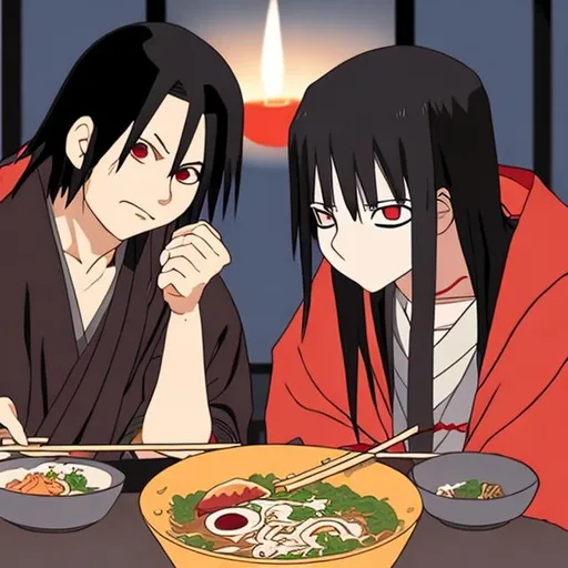 Prompt: itachi uchiha and izumi uchiha eats ramen romantic moment