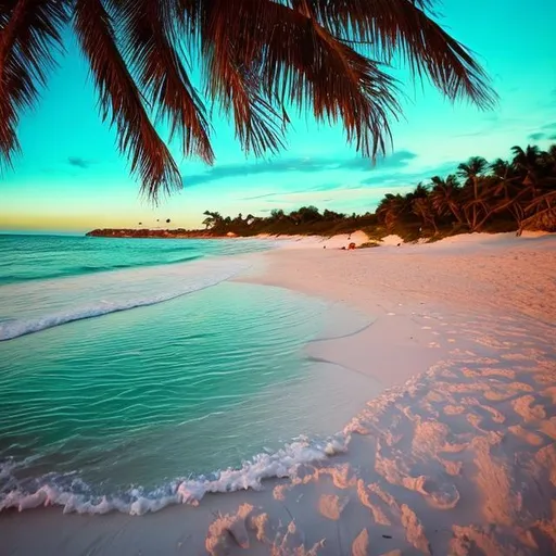 Prompt: white sand beach at sunset, twilight, turquoise water