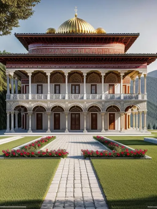 Prompt: Please create the artistic image of Abkhazia as a very beautiful country by designing high-detailed and exquisite classical Abkhazian cultural buildings and house following all the main principles of architecture: axis, symmetry, hierarchy, datum, rhythm, isometry, order, harmony and proportions. Use UHD engine 5, Octane 3D, hi res 256 K, HDR, focus sharp, centered, fit in frame, high contrast, balance, great background {Caucasus Mountains range,  palm trees and plants, the coast of the Black Sea}.
