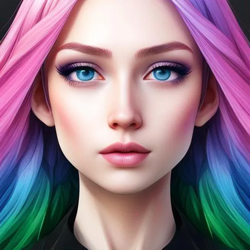 Prompt: HDR, UHD, 64k, best quality, pale skin, unrealistically, multicolored hair,  UHD, hd , 64k, , hyper realism, Very detailed, full body, hyper realism, Very detailed, female anime, slender body, in hyperrealistic detail, rainbow hair, facial closeup