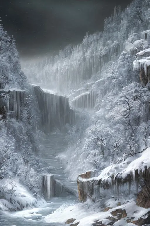 Prompt: Award-winning concept art, a highly detailed a river rushing through a snowy ravine, winter trees, falling snow, chiaroscuro, hyperrealism, luminism, by Darek Zabrocki and Joseph McGurl and Bierstadt, hd, very detailed, 4k, 8k,