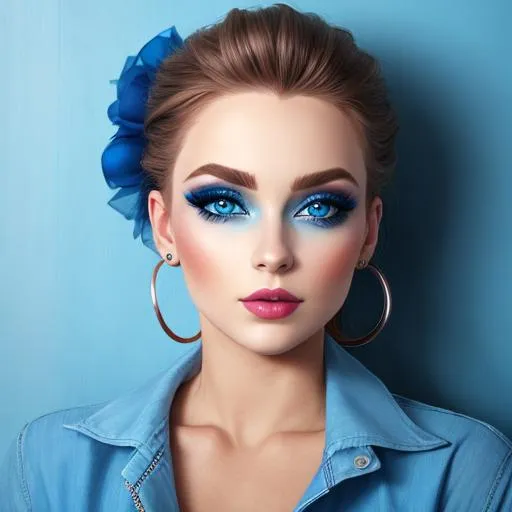 Prompt: A woman all in blue, blue eyes, pretty makeup