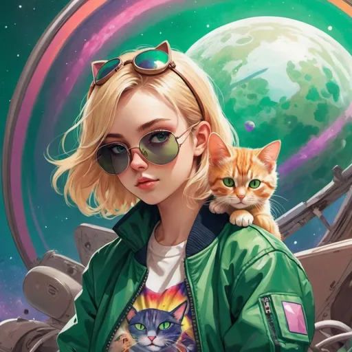 Prompt: The cover of a novel, a young girl medium length blonde hair, wearing a green bomber jacket, holding a cat, anime style, psychedlic, galactic cat, she wears aviator sunglasses