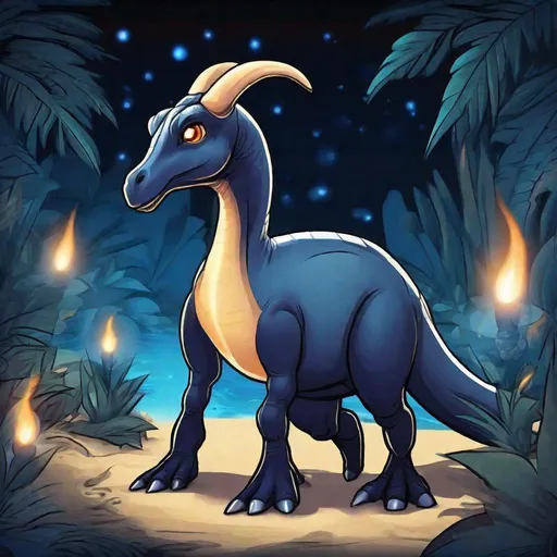 Prompt: Parasaurolophus, softly glowing, orbs of blue flame circling, ebony dark night, Produce Flame, masterpiece, best quality, in chibi art style