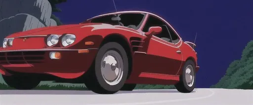 Prompt: Red car in the dark, DVD Screengrab from Studio Ghibli 2001 anime