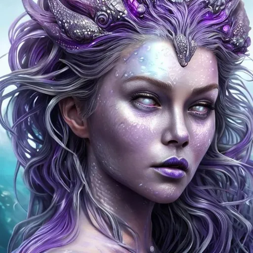 Prompt: Mermaid goddess hyper realistic face features purple hyper detailed forehead crown silver hair