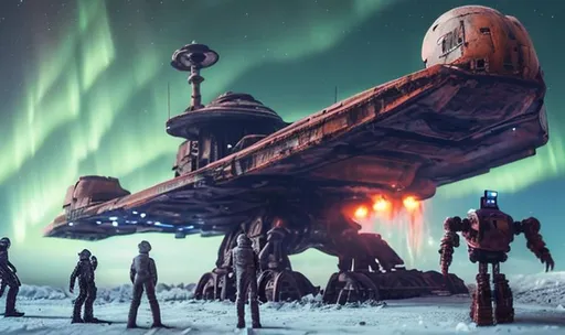 Prompt: huge old rusty spaceship getting repaired  by robots ice planet sparks fire welding people working aurora many colours   guard drinking milk enhance detail turret on spaceship real soldier thin landing gears 