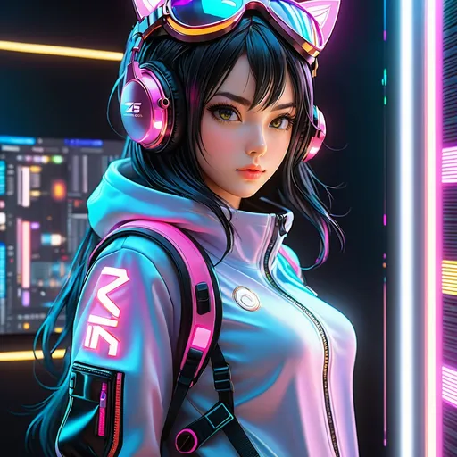 Prompt: anime style picture with a very intricate world full body image of cute girl in futuristic gear in a cuberpunk world and small waist .lean, , skinny body. soft black hoody with straight black hair and a perfect face, refracting, leaves, neon lights, wearing gaming headphones synthwave style , cute anime girl,perfect composition, hyperrealistic, render, super detailed, 8k, high quality, trending art, trending on artstation, sharp focus, studio photo, intricate details, highly detailed, creative, hair, fan art, glistening, refracting, leaves art, smooth shiny lighting, light reflect off skin hyper realistic,hdr, micro details, dark anime details, perfect compensition western battle background, perfect composition, hyperrealistic, render, super detailed, 8k, high quality, trending art, trending on artstation, sharp focus, studio photo, intricate details, highly detailed, creative, hair, fan art, glistening, futuristic goggles gamer, very cool detailed, realistic smooth lighting, dark background, focus on cat. looking at monitor, futuristic goggle visors, black background with lights in a futuristic room, side view, realistic, sharp lines