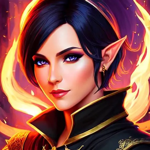 Prompt: dnd, dark elf, sorcerer, fire magic, portrait, short hair, female, Illustration