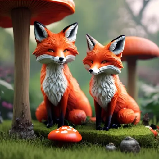 Prompt: 2 foxes sitting in a beautiful garden with red mushrooms surrounding them, one is a dark shade of orange while the other one is lighter, its a gloomy day. 3D photorealistic
