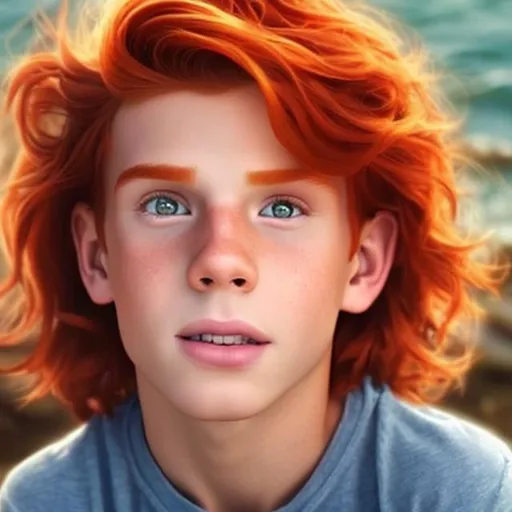 Prompt: A realistic handsome boy with red hair just like ariel from the little mermaid, super quality, highly detailed,