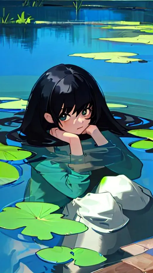 Prompt: Girl with black hair sitting on water