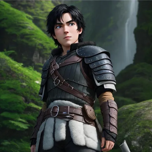 Prompt: Please produce a 25 year old male viking from How to Train Your Dragon, no beard, no mustache, photo session, black hair, (((full body visible))), looking at viewer, portrait, photography, detailed skin, realistic, photo-realistic, 8k, highly detailed, full-length frame, High detail RAW color art, piercing, diffused soft lighting, shallow depth of field, sharp focus, hyperrealism, cinematic lighting