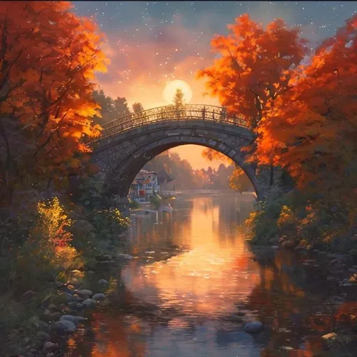 Prompt: Mid-shot, A beautiful and serene riverside with a bridge and autumn foliage and a bright Sun with morning reflections on the clouds in the sky, dramatic lighting, cinematic post processing, highly detailed, Watercolor painting by Igor Dubovoy