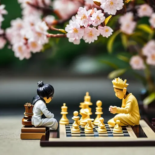 Prompt: tiny japanese people playing chess beside yellow cherry blossom bonsai tree