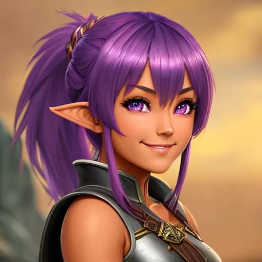 Prompt: oil painting, D&D fantasy, tanned-skinned-gnome girl, tanned-skinned-female, short, beautiful, short bright purple hair, bangs and ponytail hair, smiling, pointed ears, looking at the viewer, Warrior wearing intricate armor outfit, #3238, UHD, hd , 8k eyes, detailed face, big anime dreamy eyes, 8k eyes, intricate details, insanely detailed, masterpiece, cinematic lighting, 8k, complementary colors, golden ratio, octane render, volumetric lighting, unreal 5, artwork, concept art, cover, top model, light on hair colorful glamourous hyperdetailed medieval city background, intricate hyperdetailed breathtaking colorful glamorous scenic view landscape, ultra-fine details, hyper-focused, deep colors, dramatic lighting, ambient lighting god rays, flowers, garden | by sakimi chan, artgerm, wlop, pixiv, tumblr, instagram, deviantart