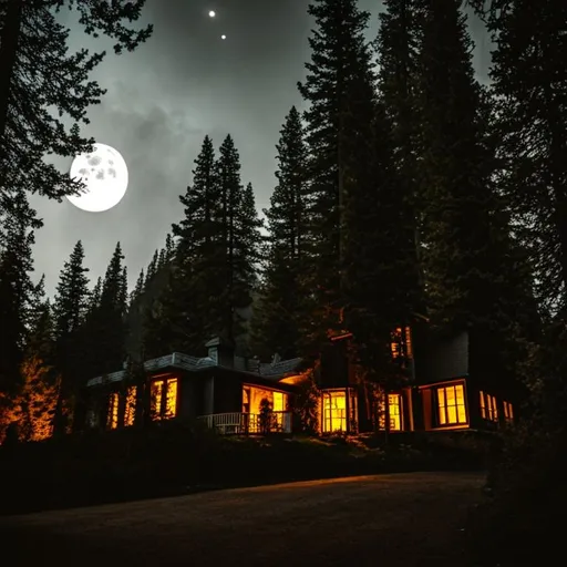 Prompt: horror house, night ,  moon, mountain , dark forest , fire lamp, 