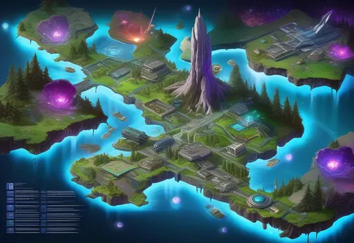 Prompt: uhd, hyper detail, hyper realtistic, clean art, light from left side, flat upper view, tabletop rpg, flat map of Futuristic military complex with spaceport environment, zoom in, wide rpg map, blue and purple, metal road, stone road, wide open galaxy, river, great glowing tree, five floating island spread across image, five kingdoms, alien ruins, glowing forest, elven castle in the upper right, waterfall overflowing in the edge of island, star constellation, connecting road, background art, concept art, small, medium and large design elements, dark sky, flat 3d illustration