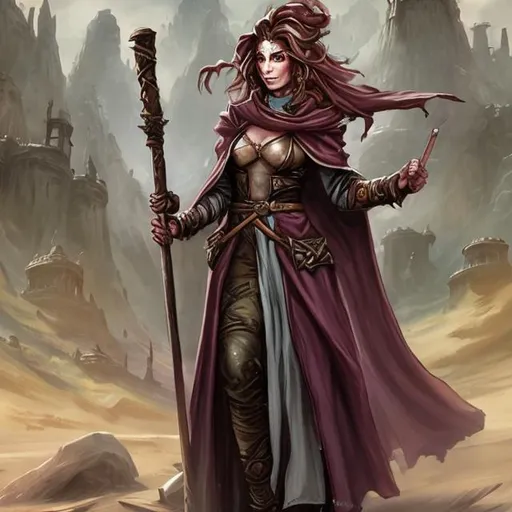 Prompt: Female Halfelf Sorcerer, from the game Forbidden Lands, wearing a dirty robe, carrying a walking stick and nothing in the other hand from the medieval ages