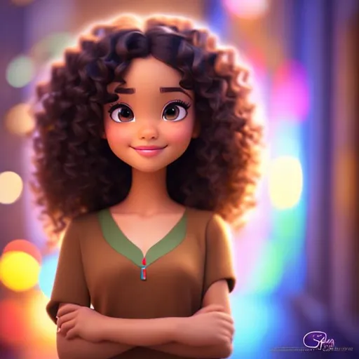 Prompt: Disney, Pixar art style, CGI, girl with  colored light tan skin, dark eyes, long black curly hair, very pretty, solemn expression