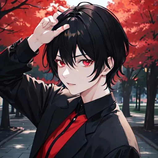 Prompt: Damien (male, short black hair, red eyes) in the park at night, casual outfit, dark out, nighttime, midnight, 8k resolution, ultra detailed, high resolution, dark out, holding a knife