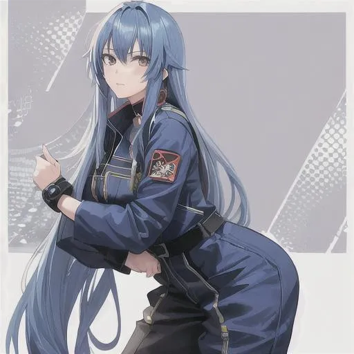 Prompt: anime girl with long blue hair wearing mechanic coveralls, anime style, drawn by shirow masamune, highly detailed, high quality