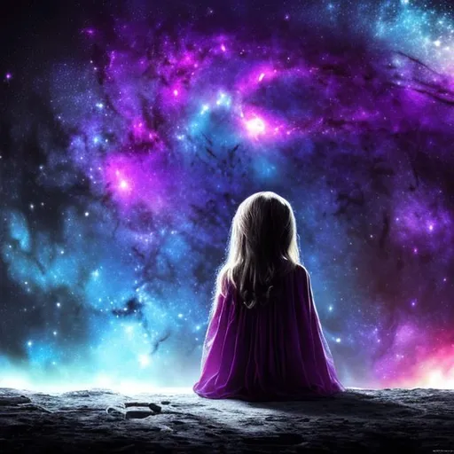 Prompt: a dark galaxy under the dark galaxy a alien shaped girl is sitting and looking at the dark galaxy 
