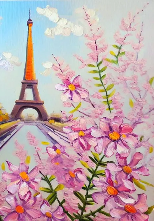 Eiffel Tower And Flowers Oil Painting 