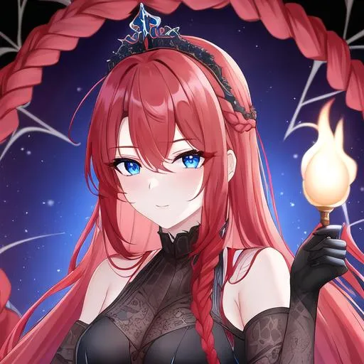 Prompt: Haley 1female (braided red hair pulled back, lively blue eyes), highly detailed face, 8K, UHD, a dark and enchanting ensemble with a flowing black gown, intricate spiderweb patterns, and a crown adorned with glistening spider motifs  posing for the camera, young adult