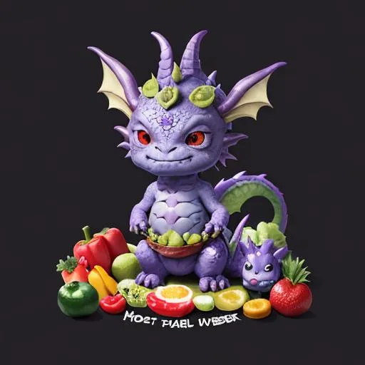 Prompt: A (cute) purple (dragon) monster (made of fruit and veggies) avatar (good guy) won the battle 
