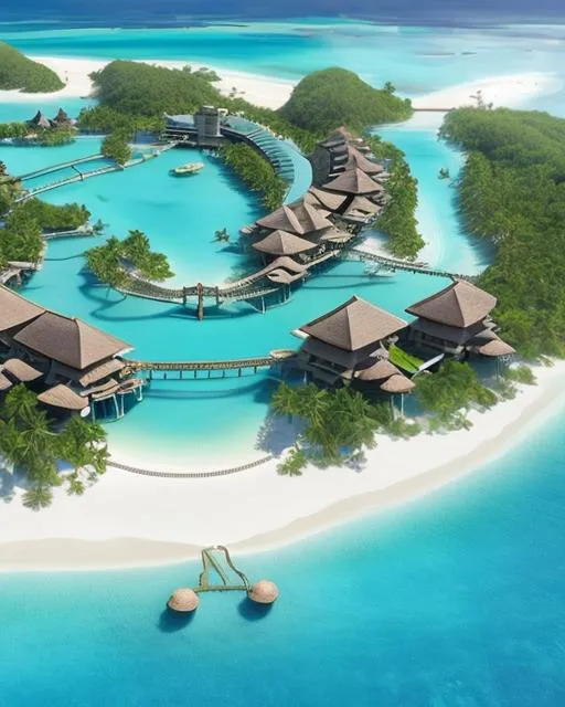 Prompt: A luxurious resort nestled in a tropical paradise, with overwater bungalows, white sand beaches, palm trees, and turquoise waters. ultra detailed, highly detailed scenario, photorealistic, intricate, masterpiece, UHD, HDR, symmetric, coherent, epic detail, stunning, beautiful, ,lumen render ,lumen path tracing ,path tracing light ,path tracing shadow ,path tracing special fx, 