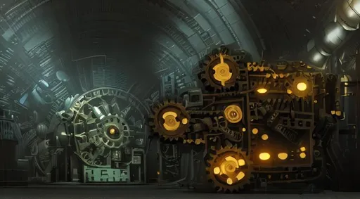 Prompt: voxel art, steampunk, dark colors, sparkling night, stars, giant gears floor, gears, mechanical world, high quality, realistic, unreal engine, octane render, uniform scaling
