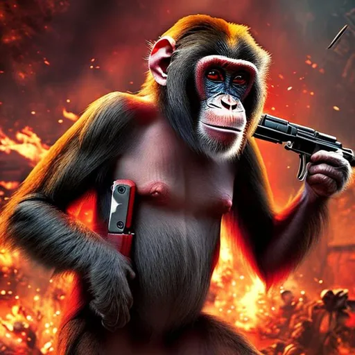 Prompt: a monkey wearing a gun around him as he explodes and dies, death, blood, gore