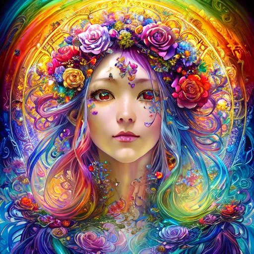 Prompt: Goddess of rainbows, warm light, friendly face, vitality, joy of life, roses with rainbow colour gradient petals, scenic environment by Noriyoshi Ohrai, Larry Carlson, Michael Cheval, Josephine Wall, Photograph Taken on Nikon D750, Intricate, sinister, Elegant, Digital Illustration, Scenic, Hyper-Realistic, Hyper-Detailed