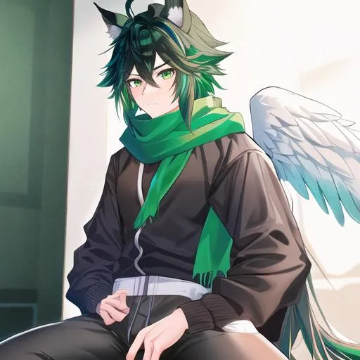 Prompt: Male. masculine build. human animatronic hybrid, with focused emerald eyes. Emerald colored feathery PEGASUS tail. Short dark Green ombre hair. horse ears. adult He wears grey comfy leggings, a white oversized sweater, brown boots. And a green scarf. Anime style. UHD, HD, 4K