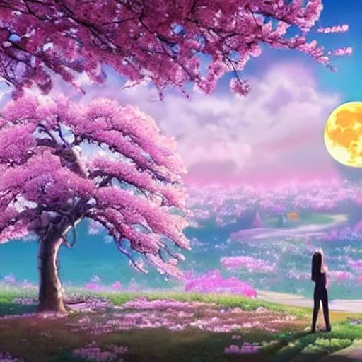 Prompt: Beautiful fantasy landscape and a big beautiful sakura tree and a anime moon
